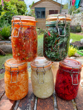 Load image into Gallery viewer, Jars of fermented vegetables displayed outdoors, likely as part of a workshop or event showcasing different types of ferments such as kimchi, sauerkraut, and brine pickles.