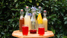 Load image into Gallery viewer, Colourful bottles of fermetned drinks  on a wooden table with a green leafy background
