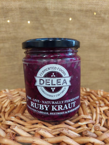 Ruby Kraut with Cabbage, Beetroot, Ginger and Cornish Sea Salt. Raw, Unpastuerised, Naturally Fermented and Consciously Cultured in Cornwall